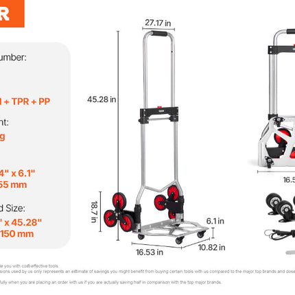 VEVOR 260lbs Folding Hand Truck with Telescoping Handle & 2 Elastic Ropes Stair Climbing Cart Dolly for Warehouse Moving
