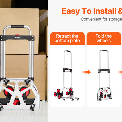 VEVOR 260lbs Folding Hand Truck with Telescoping Handle & 2 Elastic Ropes Stair Climbing Cart Dolly for Warehouse Moving