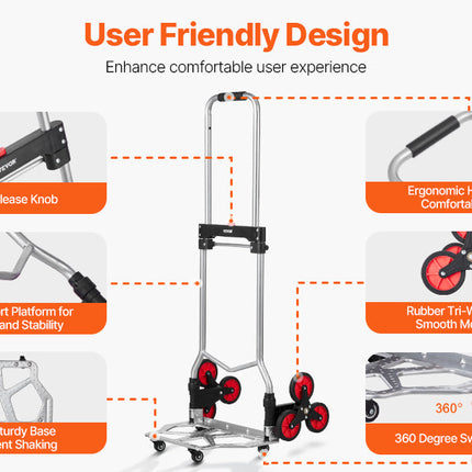 VEVOR 260lbs Folding Hand Truck with Telescoping Handle & 2 Elastic Ropes Stair Climbing Cart Dolly for Warehouse Moving