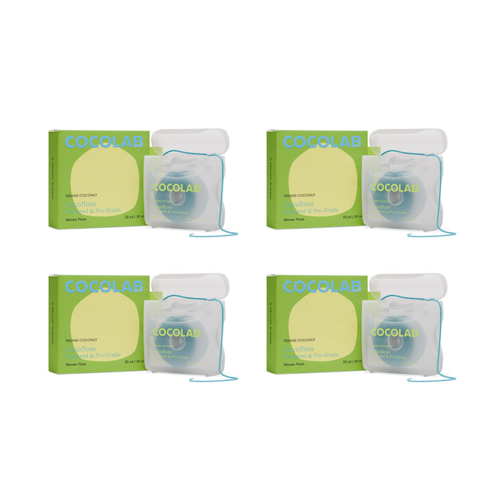 Cocolab Woven Dental Floss – Dentist-Designed, Coconut-Scented, Waxed & Expanding, Kid-Friendly | 4 Spools (33 yd Each)