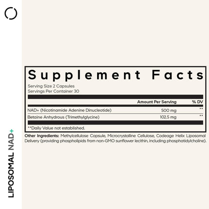 Codeage Liposomal NAD+ Supplement - 500 mg per Serving | Vegan, Non-GMO | 60 Capsules