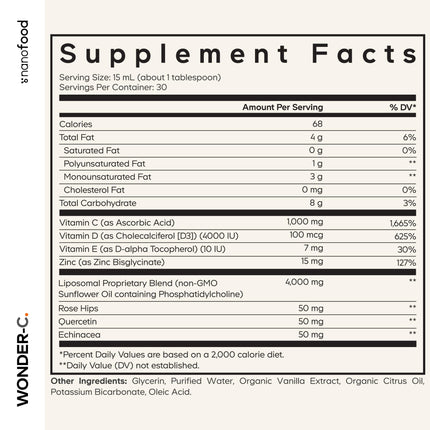 Codeage Nanofood Wonder-C Liposomal Vitamin C 1000mg – D3, E & Zinc | Rose Hips, Quercetin, Echinacea | Non-GMO, 15.22 fl oz