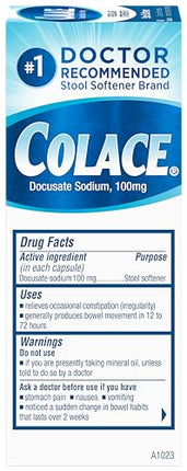 Colace Stool Softener 100 mg – 60 Capsules | Gentle, Doctor-Recommended, Stimulant-Free Relief