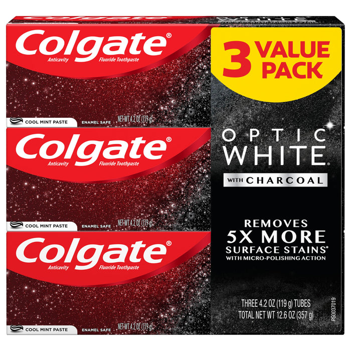 Colgate Optic White Charcoal Toothpaste, 3 Pack, Cool Mint - Enamel-Safe