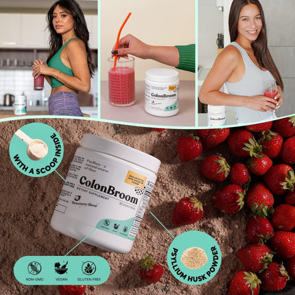 ColonBroom Psyllium Husk Powder (Strawberry) – Fiber Powder for Digestive Wellness | 100 Servings