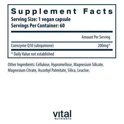 Vital Nutrients CoQ10 200mg – Vegan CoQ10 for Heart Health & Energy | Gluten, Dairy & Soy Free | 60 Capsules