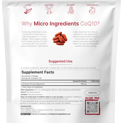 Micro Ingredients CoQ10 400mg Per Serving | 240 Softgels with Coconut MCT Oil | High Absorption Ubiquinone | Antioxidant Support for Heart & Energy | Non-GMO