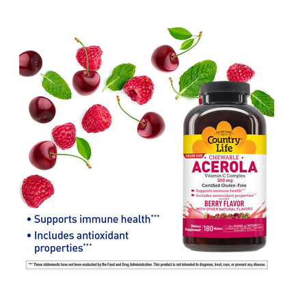 Country Life Acerola Vitamin C Complex - 500mg Berry Chewables for Immune Support, GFCO Gluten Free, AVA Vegan