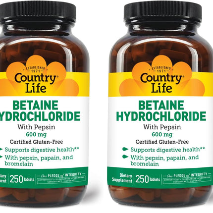 Country Life Betaine HCl with Pepsin 600 mg - 250 Tablets (Pack of 2)