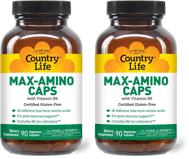 Country Life Maxi-Amino: 16 Free-Form Amino Acids, 90 Veg Capsules per Bottle, Pack of 2 | Gluten Free & Vegetarian