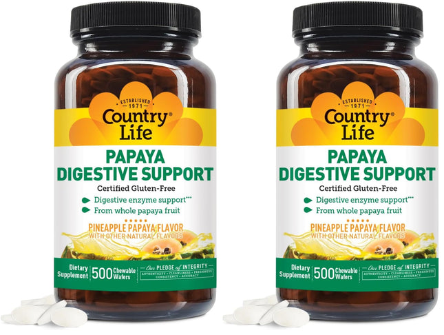 Country Life Chewable Papaya Enzymes for Digestion – Pineapple & Papaya Flavor | 200 & 500 Wafers