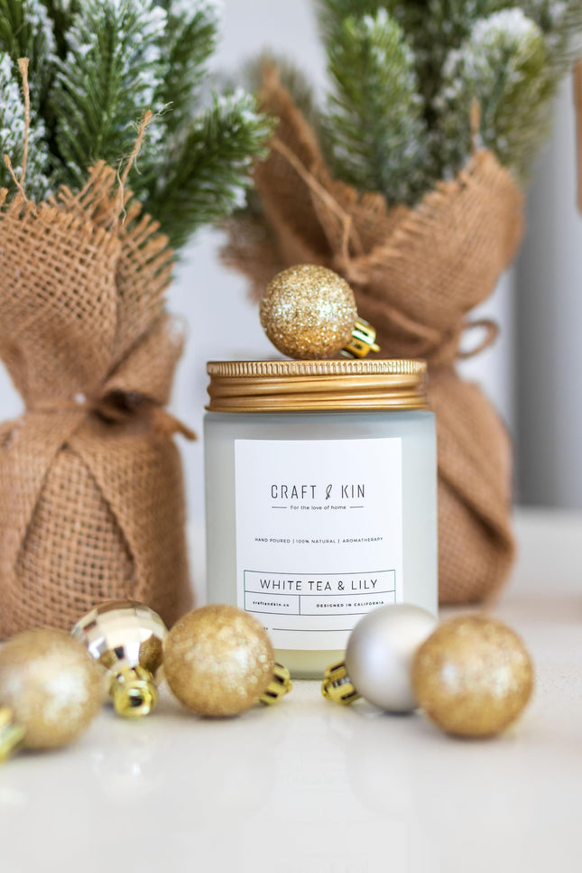 Craft & Kin White Tea & Lily Candle - 8oz, 45-Hour WoodWick Soy | Christmas Scented