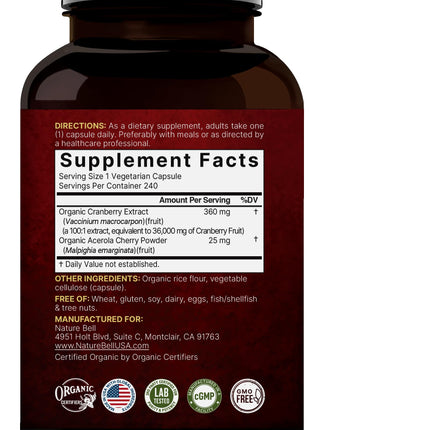NatureBell Cranberry Pills 2 Pack – 36,000mg Extract, Acerola | Organic, Sugar Free