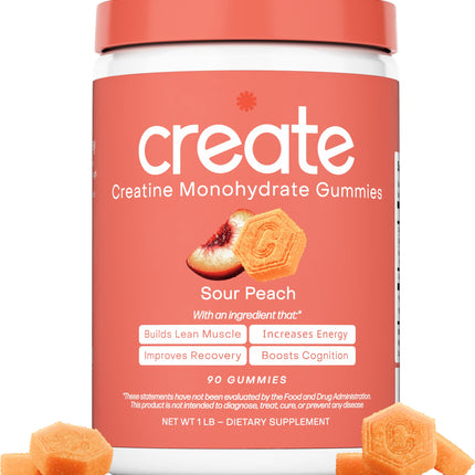 Create Creatine Monohydrate Gummies – 1.5g Per Gummy, Vegan, Anti-Melting, Sour Peach Flavor