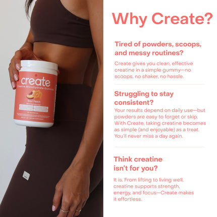 Create Creatine Monohydrate Gummies – 1.5g Per Gummy, Vegan, Anti-Melting, Sour Peach Flavor