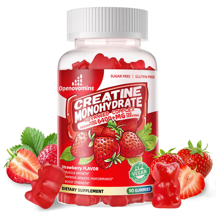 Creatine Monohydrate Gummies Complex – Advanced Formula with L-Taurine & Vitamin B12 | 90 Strawberry Gummies