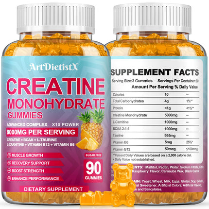 Creatine Monohydrate Gummies with BCAA & L-Carnitine – Pineapple Flavor, 180 Count
