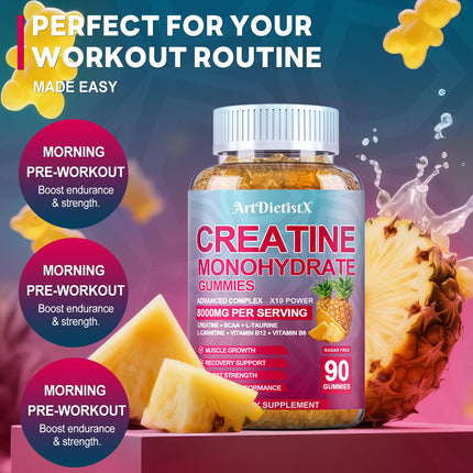 Creatine Monohydrate Gummies with BCAA & L-Carnitine – Pineapple Flavor, 180 Count