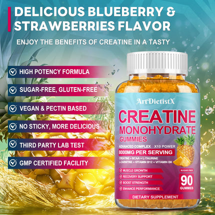 Creatine Monohydrate Gummies with BCAA & L-Carnitine – Pineapple Flavor, 180 Count