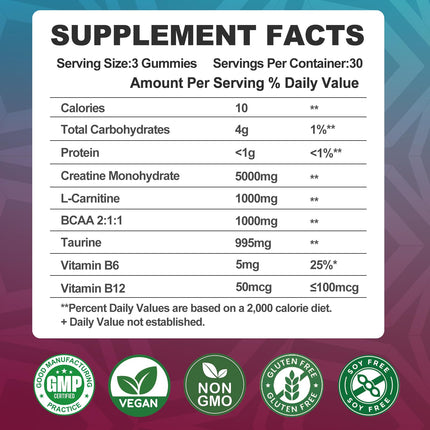 Creatine Monohydrate Gummies with BCAA & L-Carnitine – Pineapple Flavor, 180 Count