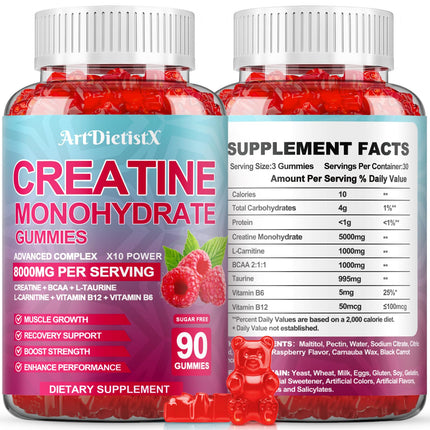 Creatine Monohydrate Gummies 8000mg – BCAA, L-Carnitine & B12 – Raspberry Pre-Workout (180 Count)