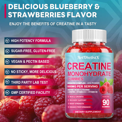 Creatine Monohydrate Gummies 8000mg – BCAA, L-Carnitine & B12 – Raspberry Pre-Workout (180 Count)