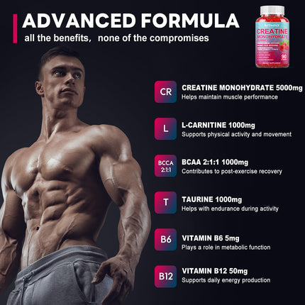 Creatine Monohydrate Gummies 8000mg – BCAA, L-Carnitine & B12 – Raspberry Pre-Workout (180 Count)