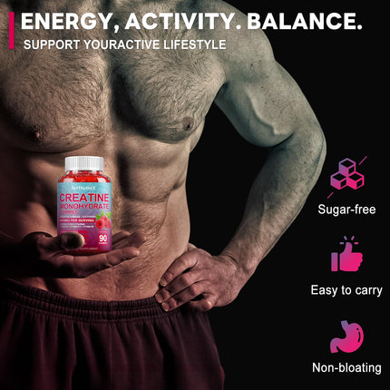 Creatine Monohydrate Gummies 8000mg – BCAA, L-Carnitine & B12 – Raspberry Pre-Workout (180 Count)