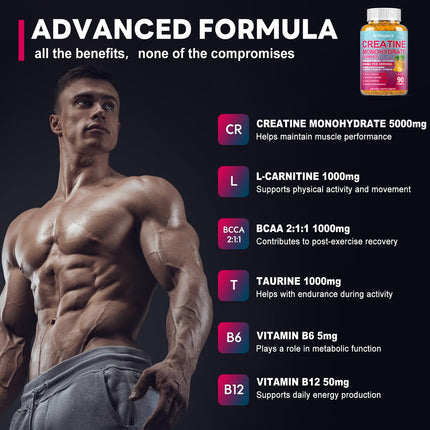 Creatine Monohydrate Gummies with BCAA & L-Carnitine – Pineapple Flavor, 180 Count
