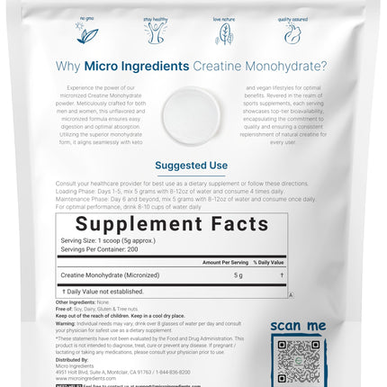 Instant Creatine Monohydrate Powder 1 kg – 5000 mg/serving, Unflavored, Pure