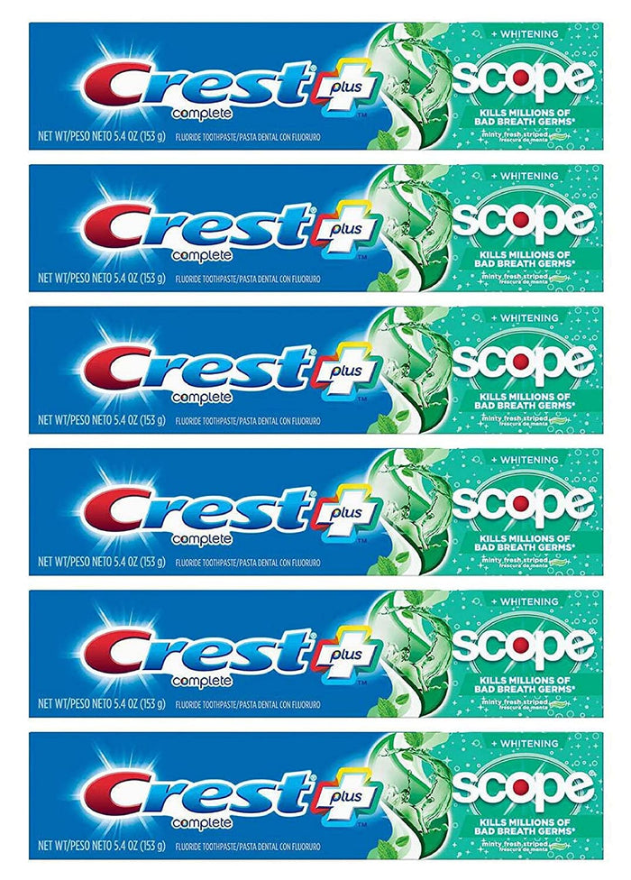 Crest Toothpaste 5.4 oz + Scope Whitening Minty Fresh (Pack of 6) | Crest & Scope Complete Whitening