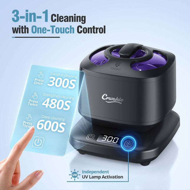 Ultrasonic Retainer Cleaner 45kHz - 3 Modes, Visible Window, Digital Timer - Black