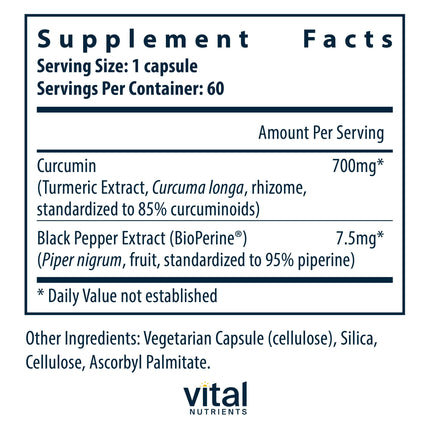 Vital Nutrients Curcumin Extract 700mg – Vegan Curcumin with Black Pepper (Bioperine) – 60 Capsules