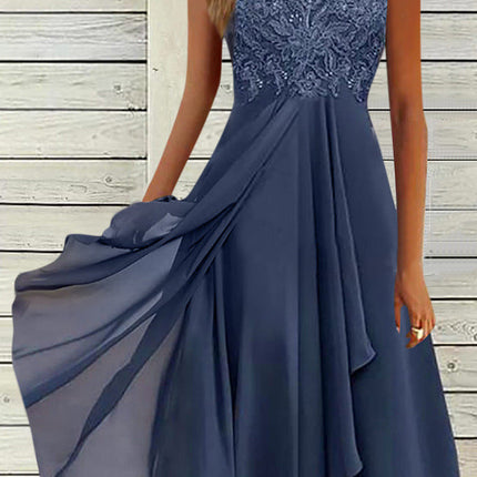 Women's Sleeveless Stitching Lace Hollow-out Chiffon Dress