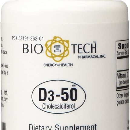 D3-50 50,000 IU Vitamin D3 - 100 Capsules Pack of 2 | Bio-Tech Pharmacal