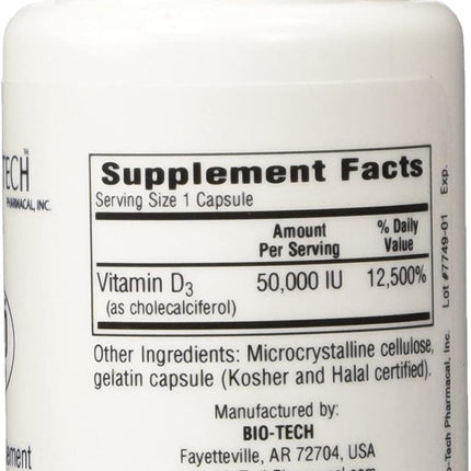 D3-50 50,000 IU Vitamin D3 - 100 Capsules Pack of 2 | Bio-Tech Pharmacal