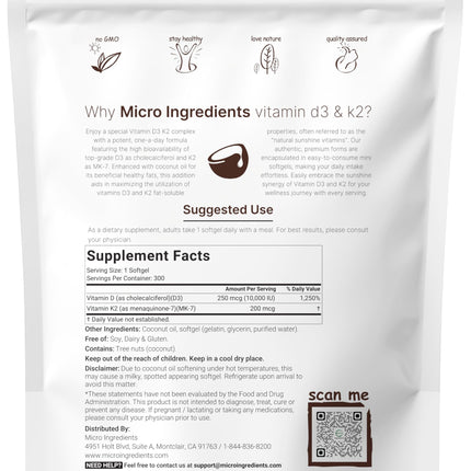 Micro Ingredients Vitamin D3 10,000 IU + K2 MK-7 200 mcg | 300 Softgels, D3 & K2 Complex
