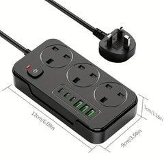 Multi-Port Power Board 2025 | 3 Outlets, 3 USB-A & 3 Type-C Fast Charging, 2m Cable, Overload Protection – Ideal for Home & Office