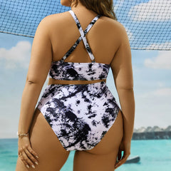 Cross Collar Random Printed Bikini Swimsuit Suit