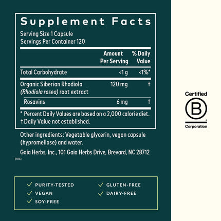 Gaia Herbs Rhodiola Rosea - Stress Support & Endurance - Siberian Root Extract - 120 Vegan Liquid Phyto-Caps (120 Servings)