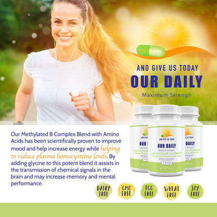 Our Daily Vites L-Methylfolate B Complex Co-factors & Essential Amino Acids (7.5mg) – Active Folate, Methylated B12 Methylcobalamin, B6 & Glycine – 60 Count