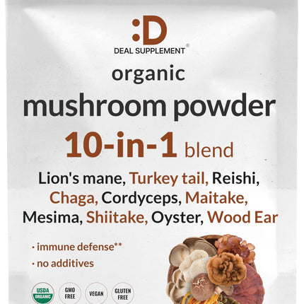 Organic Mushroom Powder 12oz | 10-in-1 Blend for Immune, Energy & Brain Health | Non-GMO Vegan