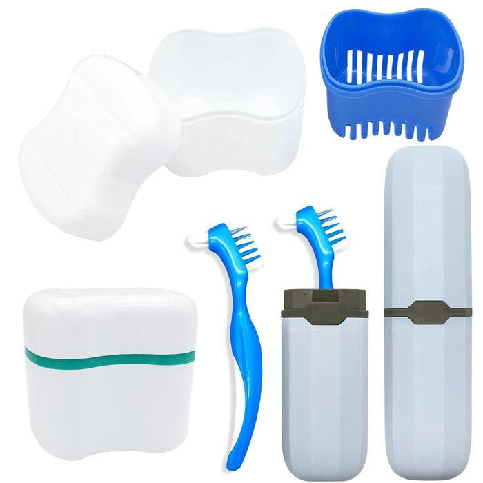 Denture Case Kit - 2 Bath Cups, 2 Brushes & 2 Portable Toothbrush Boxes, Retainer Bath With Lid, Cleaning Boxes, Travel Toothbrush Kit