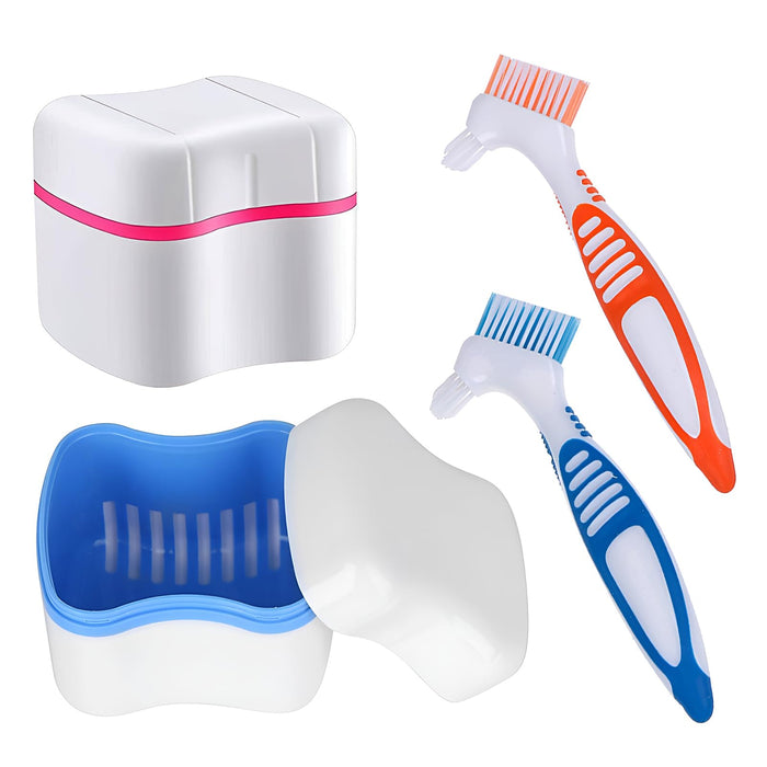 Denture Cleaner Box & Brush Set - 2 Pack, Portable Denture Storage