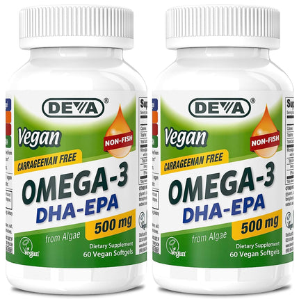 DEVA Vegan Omega-3 DHA-EPA 500mg – 2-Pack, Algae-Based, Carrageenan-Free
