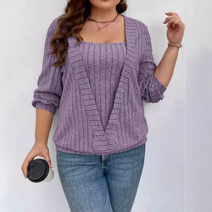 Solid Color Rib Fabric V-neck Long Sleeve False Two-piece Suit