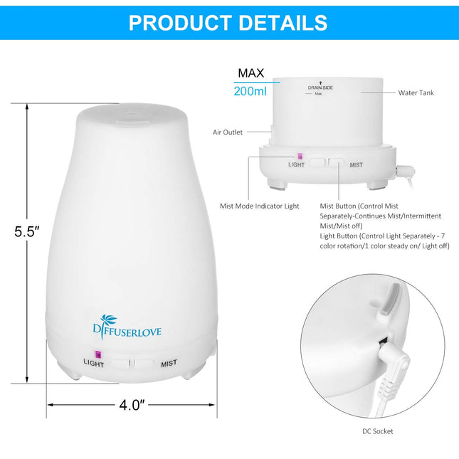 Diffuserlove 200ML Essential Oil Diffuser — Remote Control Ultrasonic Mist, BPA-Free Aromatherapy with 7 Color Lights