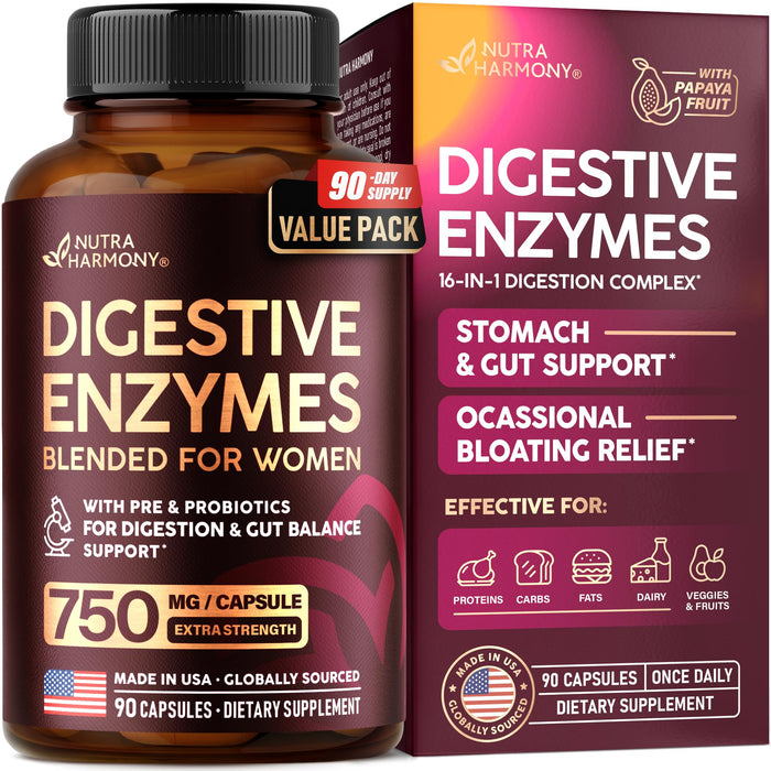 Digestive Enzymes for Women - Multi Digestive Enzymes | Papaya | Bromelain | Probiotic & Prebiotics - Gut & Digestion Support, Bloating Relief - Vegan, Lab Tested - Made in USA - 90 Capsules, One/Day