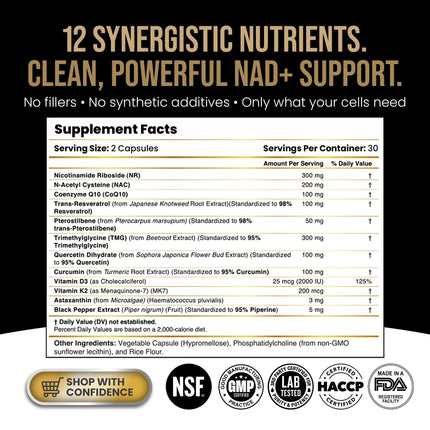 DLNIA Liposomal NAD+ Supplement| Nicotinamide Riboside (NR) 1258 mg with Resveratrol, Quercetin, Pterostilbene & CoQ10-12-Nutrient High-Absorption Cellular Energy & Healthy Aging