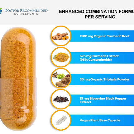 Turmeric Curcumin 2250mg/day — Bioperine Veggie Caps — 100% Organic | Pack of 3 | Doctor Recommended Supplements